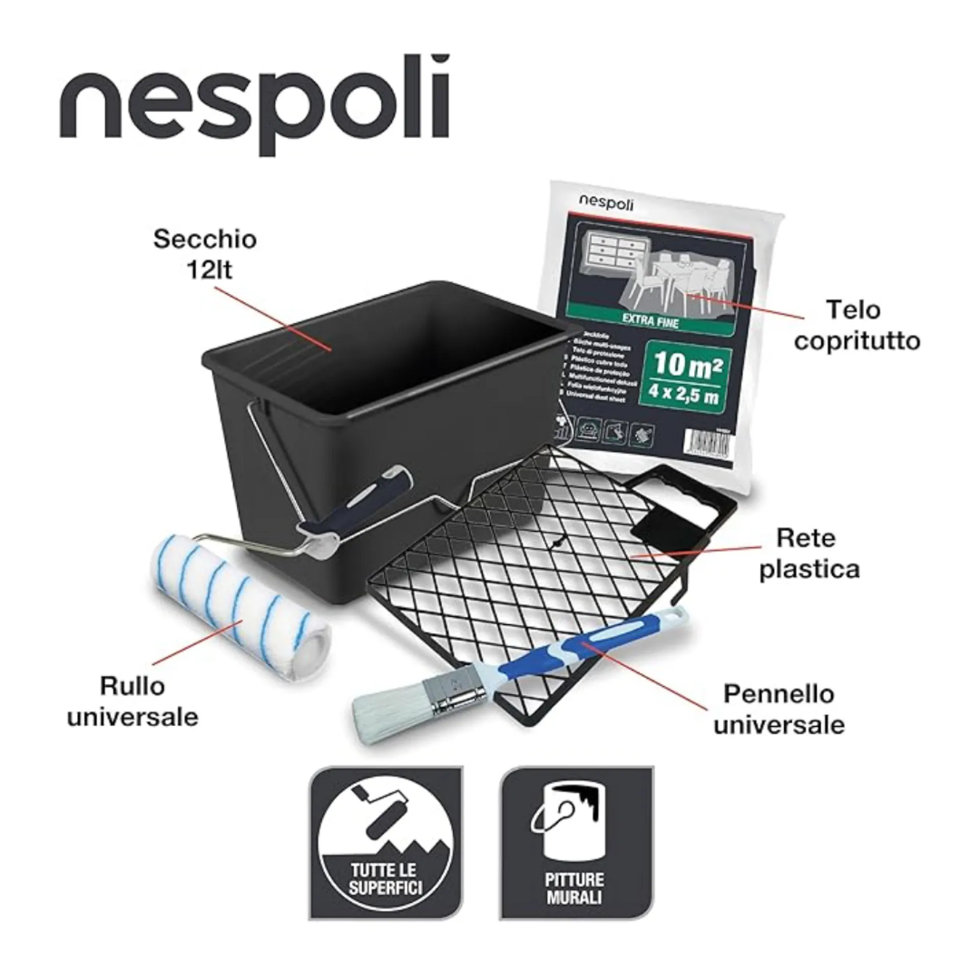 NESPOLI KIT SECCHIO TUTTO X LA PITTURA   SECCHIO + RETINA + RULLO + PENNELLO + TELO
